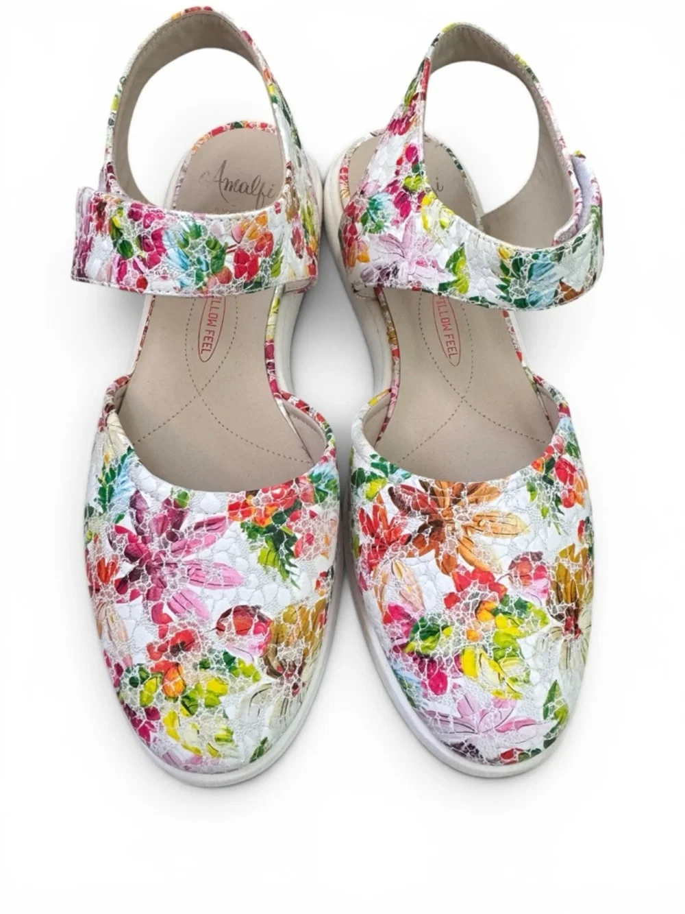 Amalfi Sandals White Floral Leather Flat Multicolor Italian 8.5